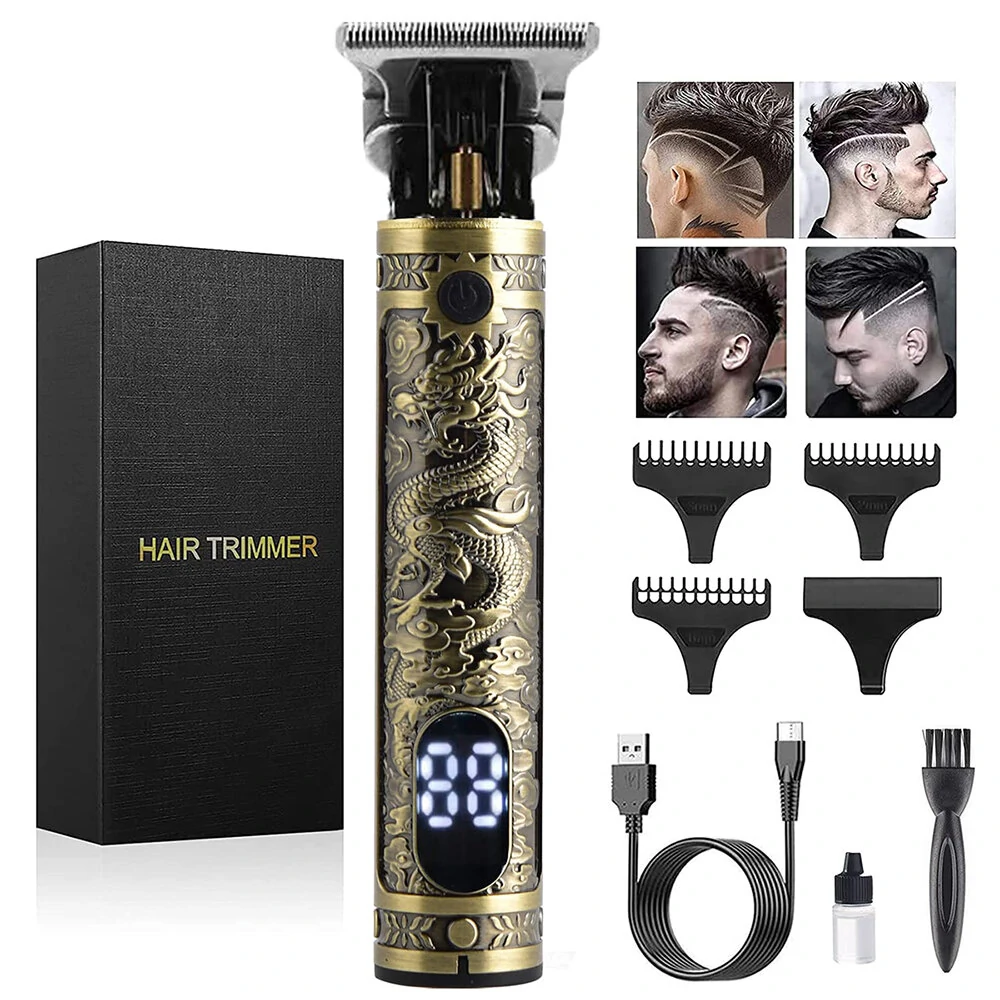 (image for) T9 Powerful Electric Hairdresser Metal Body, USB Charging, LED Screen Display Engraving Razor Hair Clippers